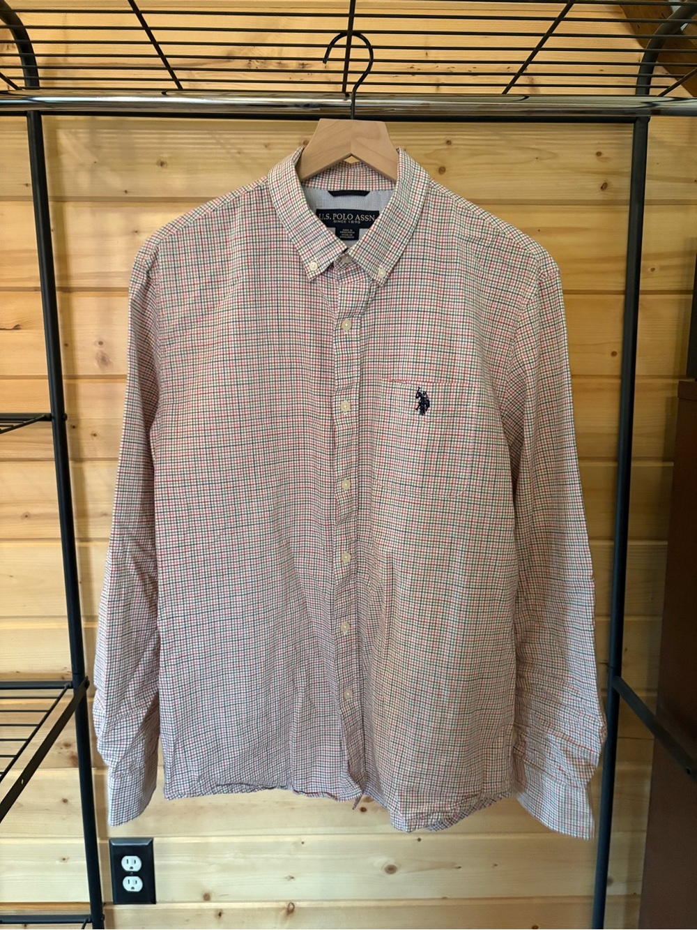 U.S. Polo Assn. Men’s Button-Down Shirt - Cream, Red & Blue Micro Check